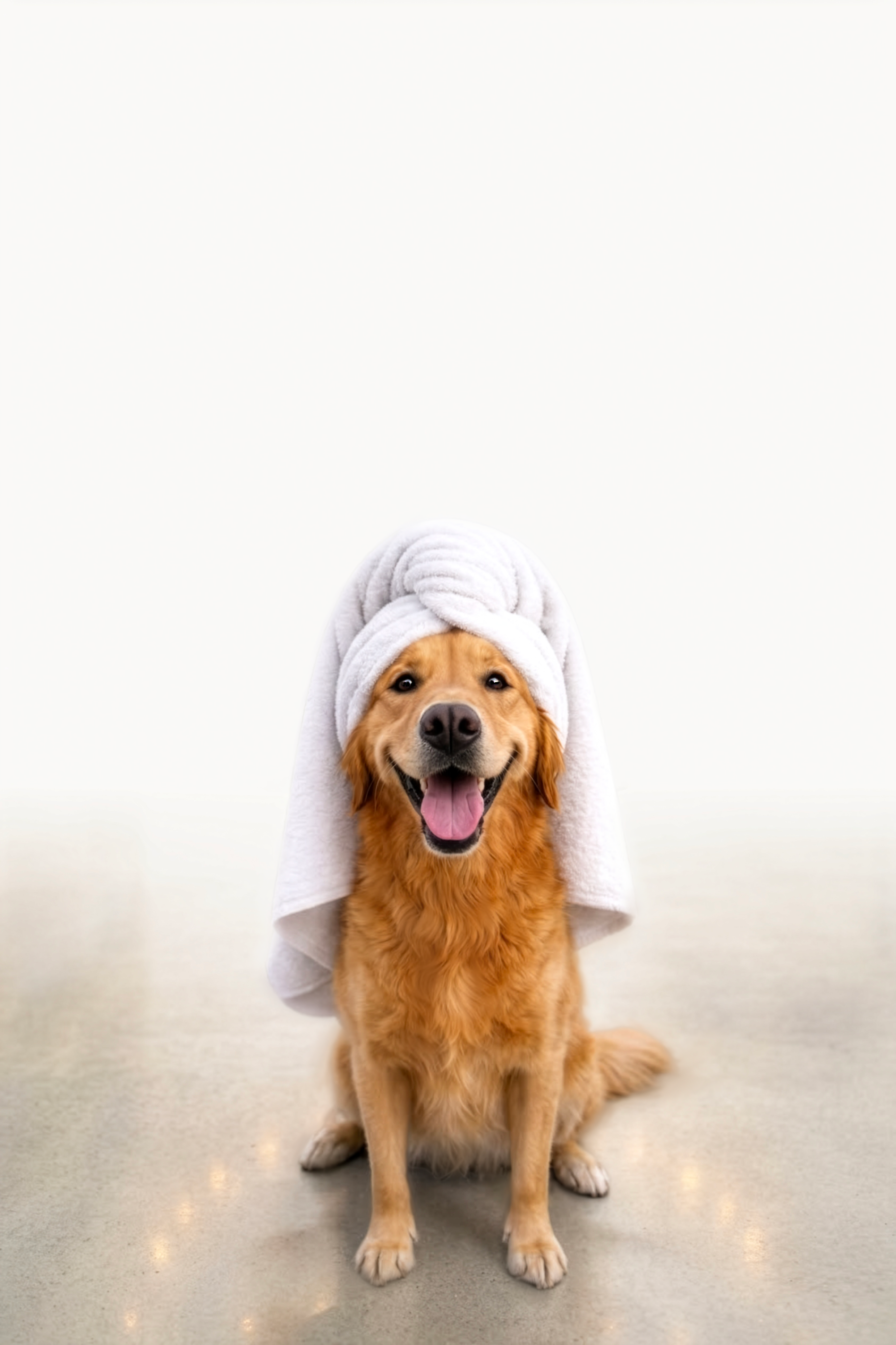 Golden retriever with towel wrap
